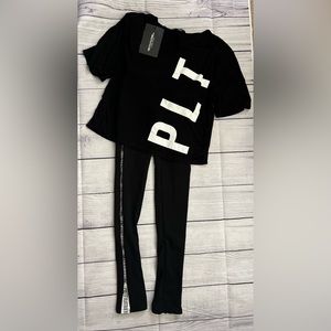 Pretty Little Thing Women’s (Black) Side Tape Logo Leggings & Crop Top NEW!